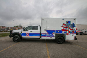 Side view of recently remounted type I ambulance