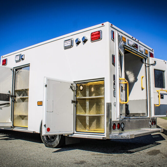 exterior of an ambulance remount with all doors open